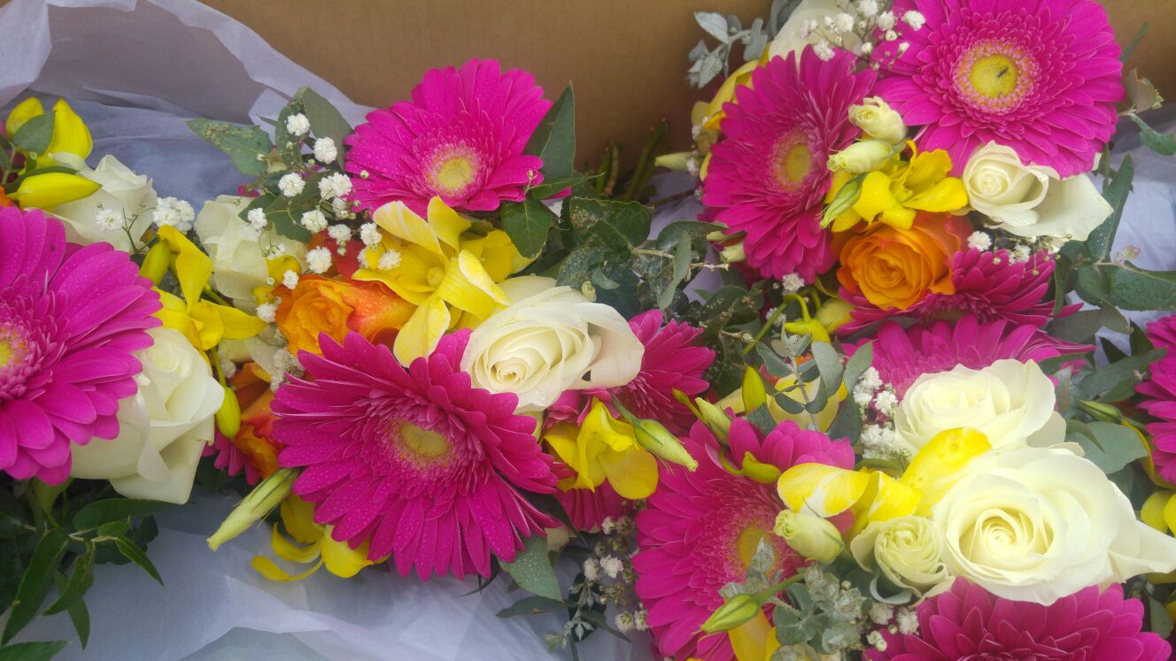 Pink Gerberas with Yellow Orchids, Roses and Gyp